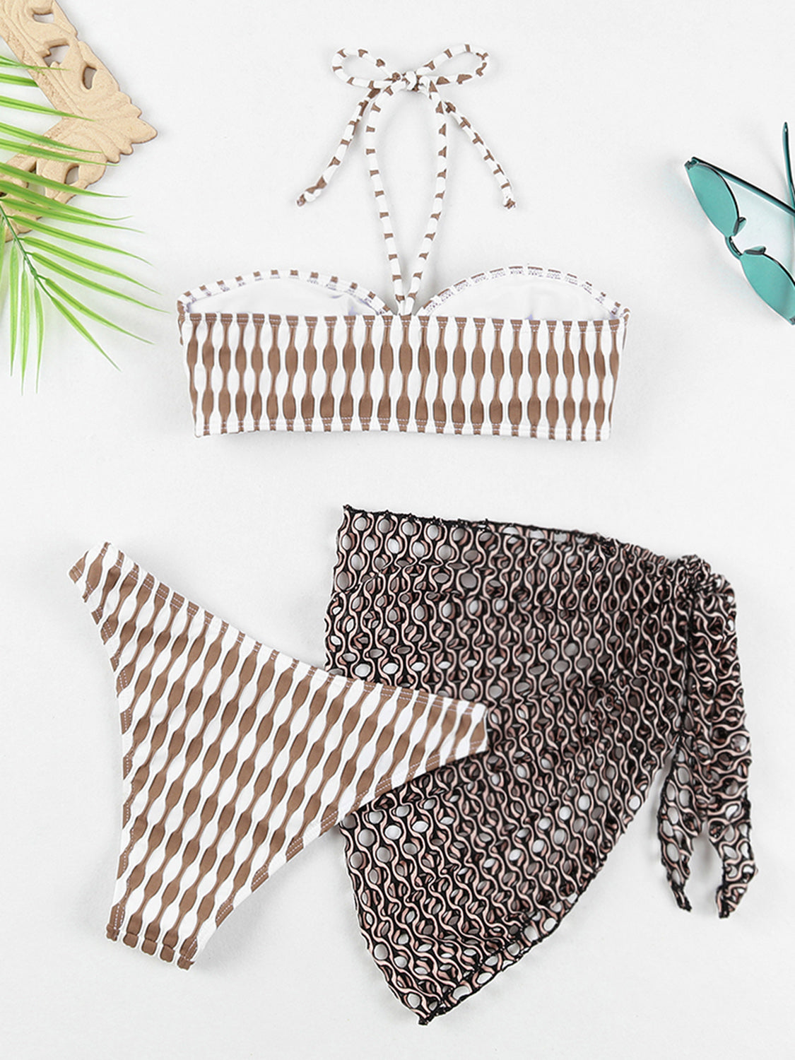 Geometric Halter Neck Three-Piece Swim Set - AllIn Computer
