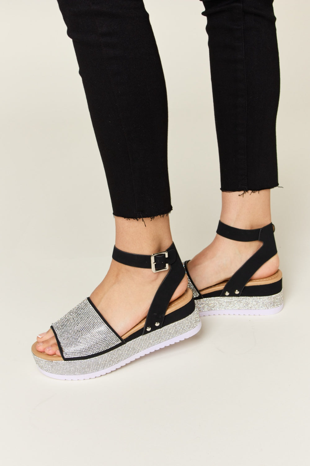 Forever Link Rhinestone Buckle Strap Wedge Sandals - AllIn Computer