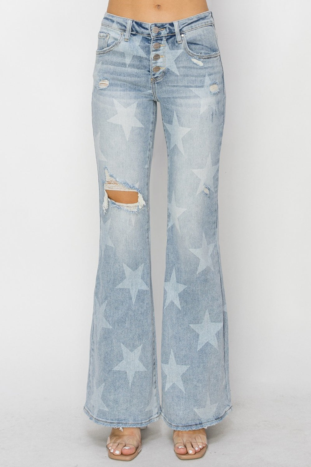 RISEN Mid-Rise Button Fly Star Print Flare Jeans - AllIn Computer