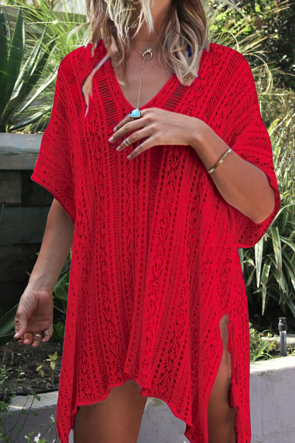 Cutout V-Neck Cover-Up with Tassel - AllIn Computer