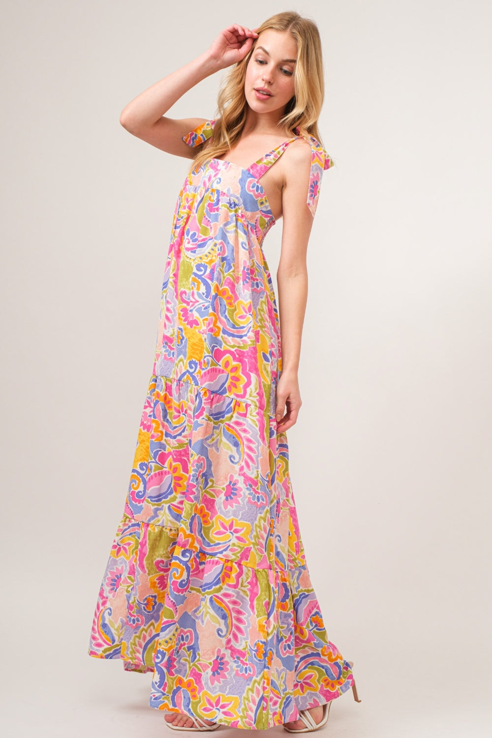 And The Why Full Size Printed Tie Shoulder Tiered Maxi Dress - AllIn Computer
