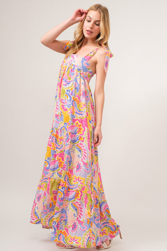 And The Why Full Size Printed Tie Shoulder Tiered Maxi Dress - AllIn Computer