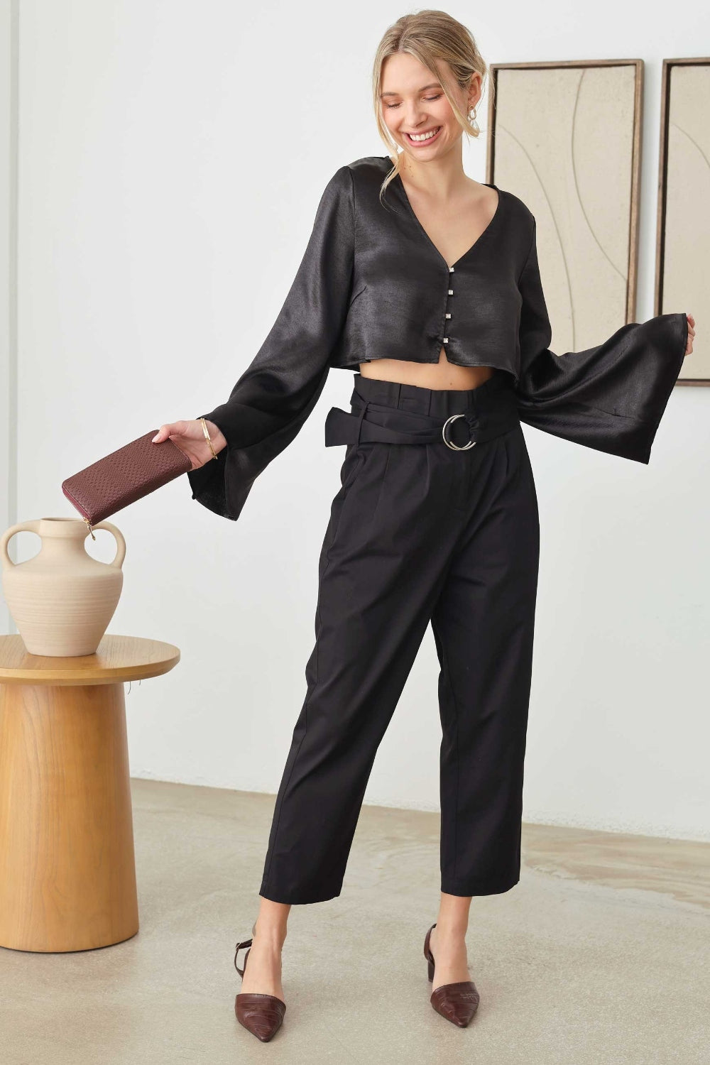 Tasha Apparel Satin Rhinestone Buttons Closure Crop Top - AllIn Computer