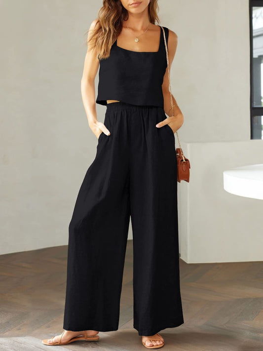 Square Neck Top and Wide Leg Pants Set - AllIn Computer