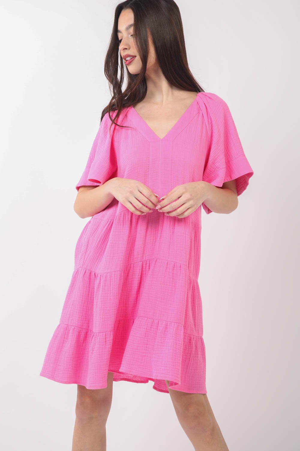 VERY J Texture V-Neck Ruffled Tiered Dress - AllIn Computer