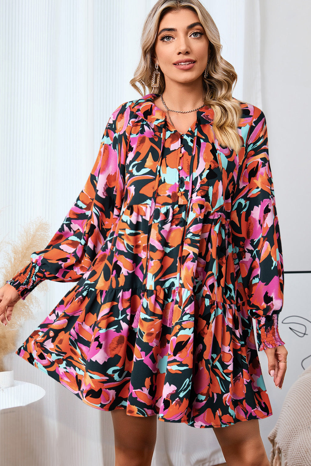 Printed Tie Neck Lantern Sleeve Mini Dress - AllIn Computer
