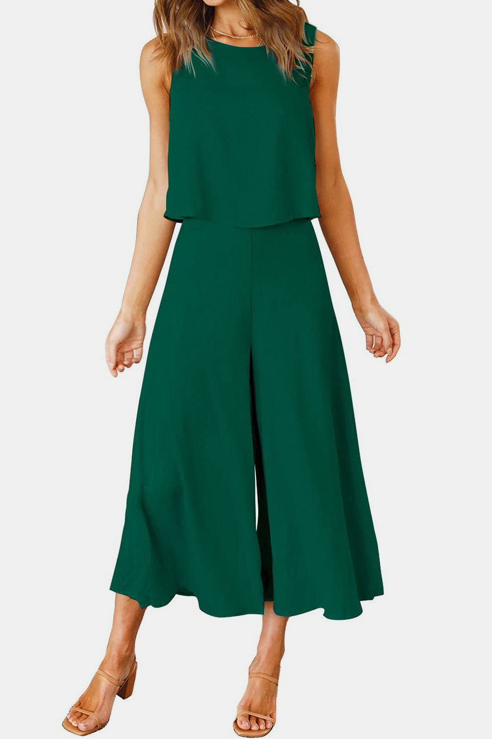 Round Neck Top and Wide Leg Pants Set - AllIn Computer