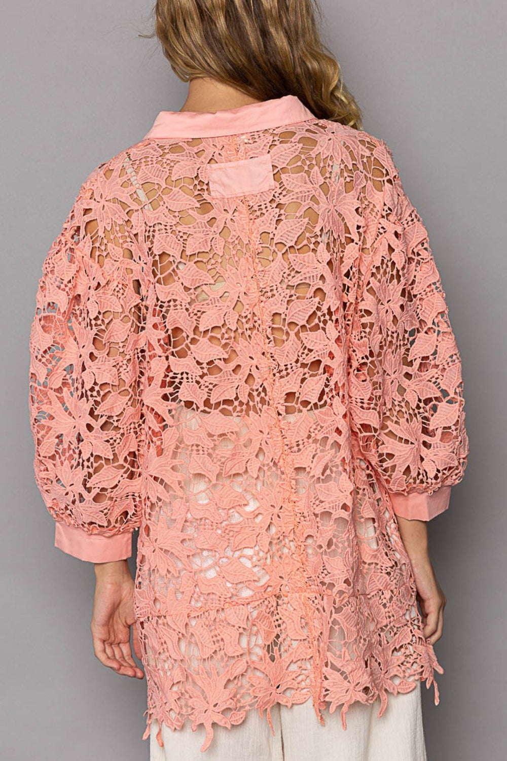 POL Collared Neck Button Up Lace Shirt - AllIn Computer