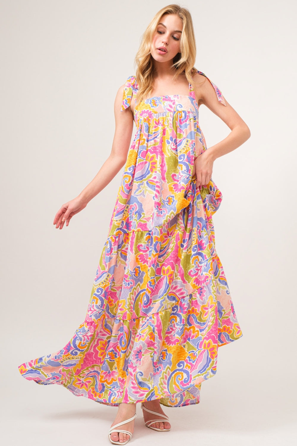 And The Why Full Size Printed Tie Shoulder Tiered Maxi Dress - AllIn Computer