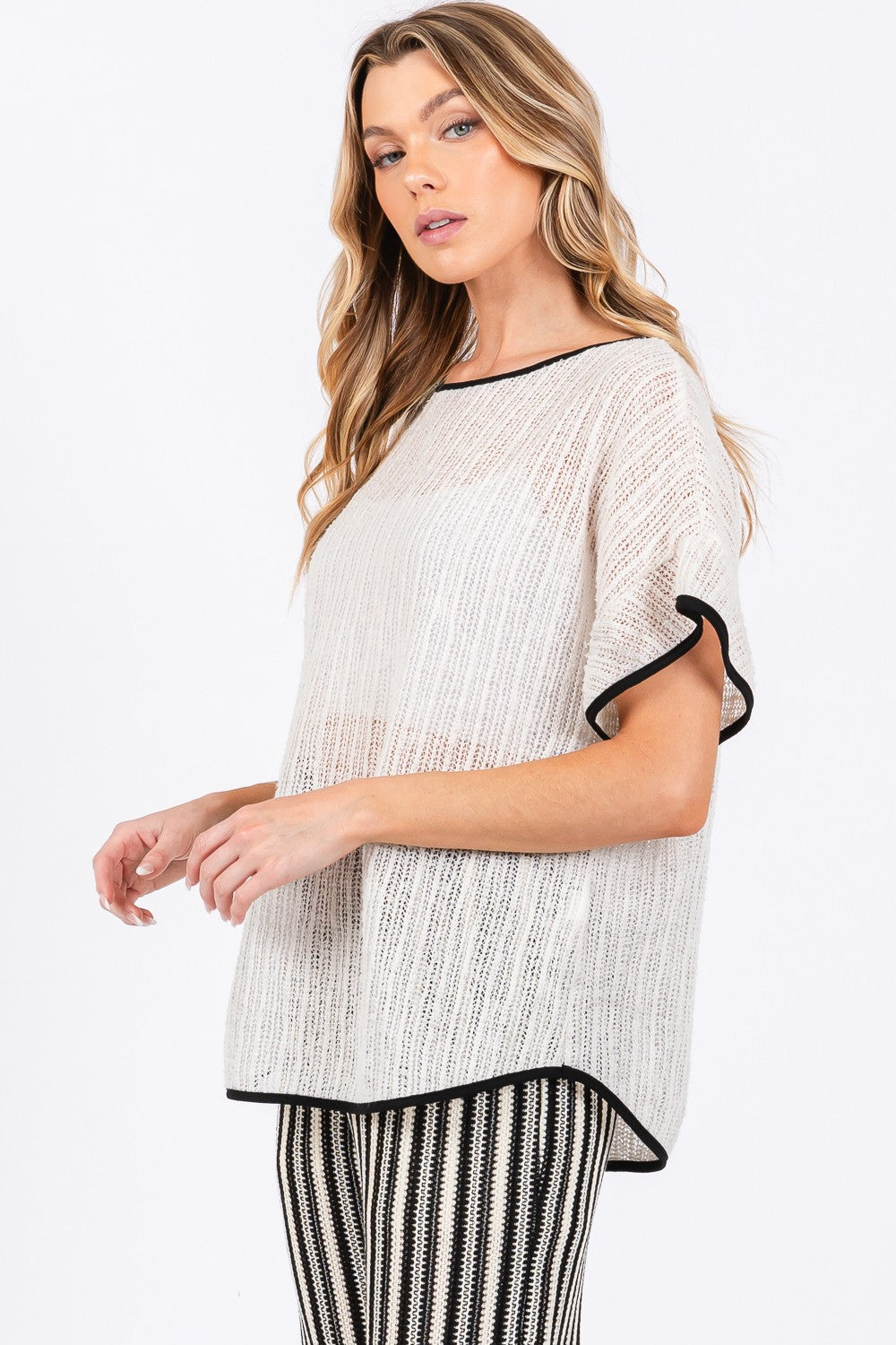 GeeGee Contrast Trim Short Sleeve Knit Cover Up - AllIn Computer