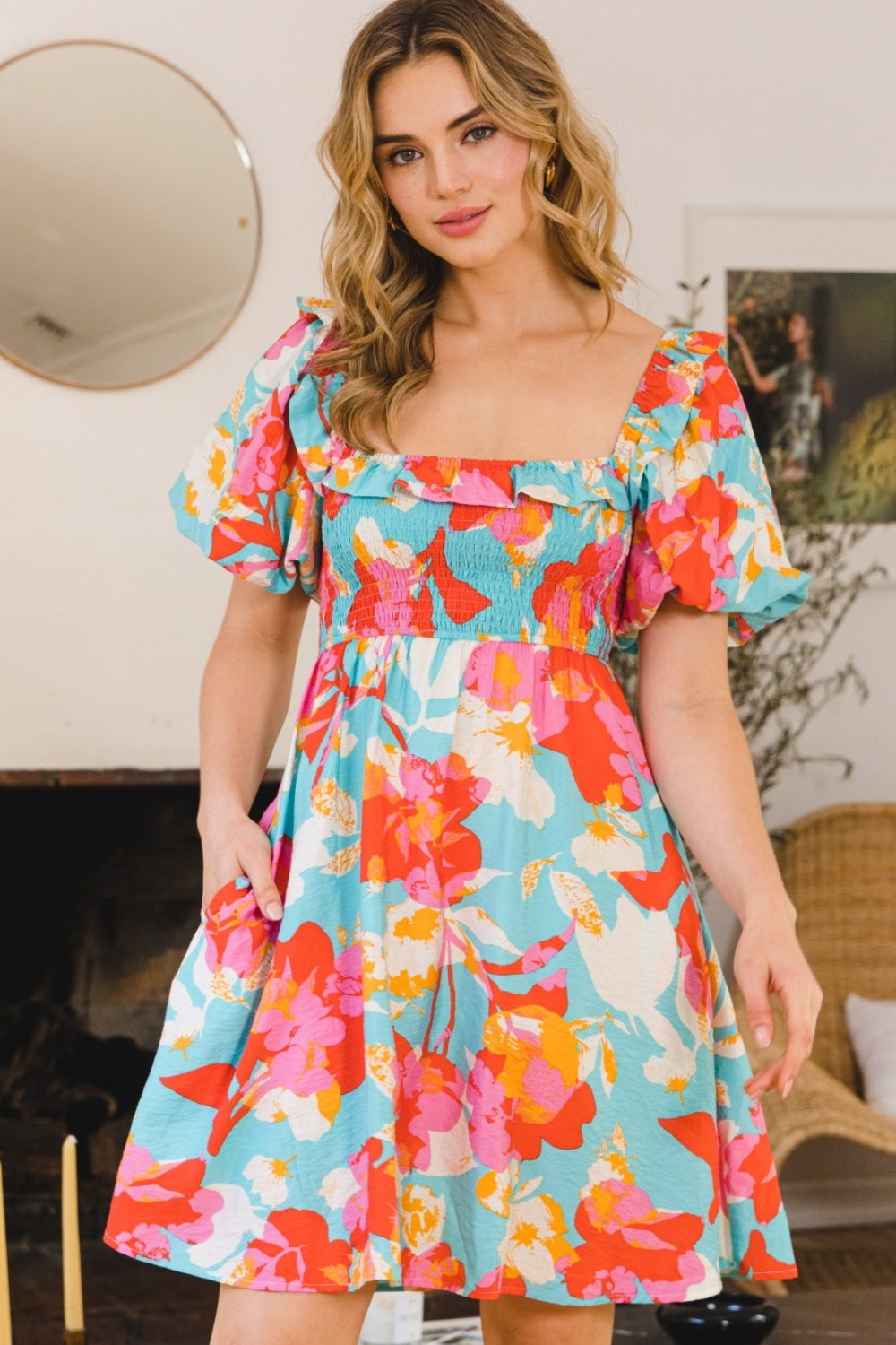 ODDI Printed Smocked Puff Sleeve Mini Dress - AllIn Computer