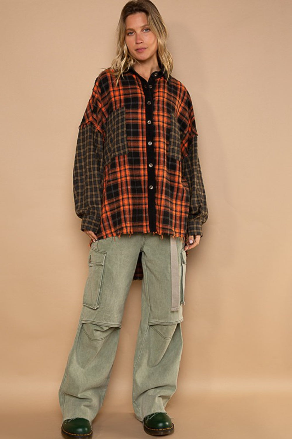 POL Plaid Contrast Long Sleeve Raw Hem Shacket with Chest Pockets - AllIn Computer