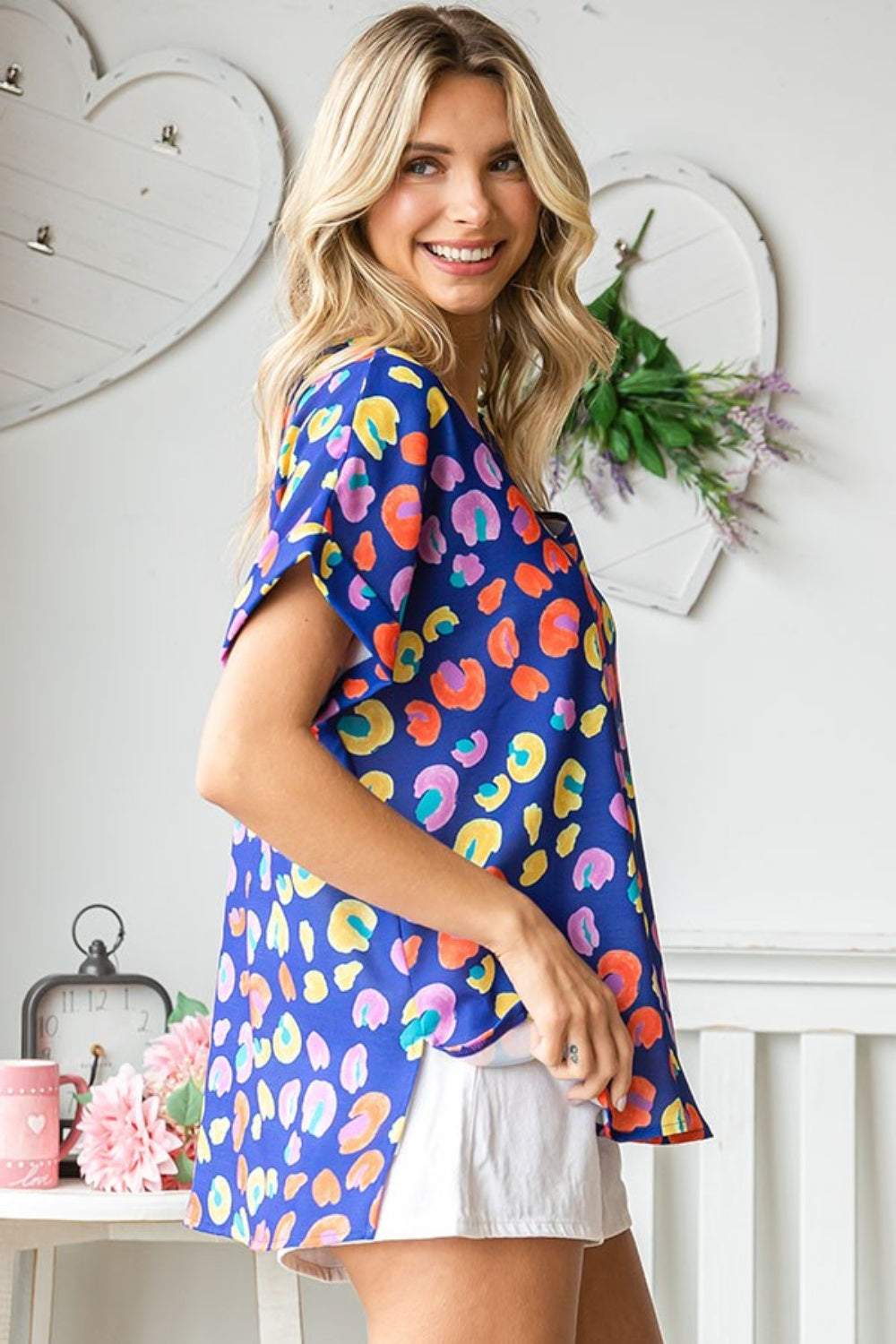 First Love Printed V-Neck Short Sleeve Blouse - AllIn Computer