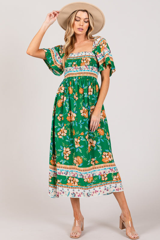 SAGE + FIG Printed Smocked Short Sleeve Midi Dress - AllIn Computer
