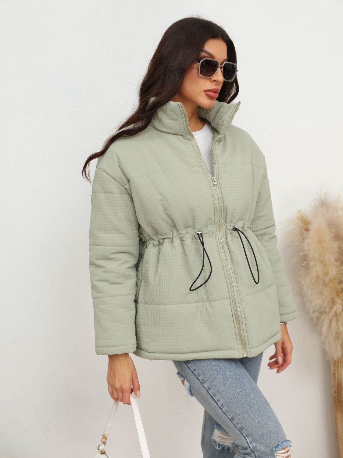 Drawstring Waist Zip-Up Puffer Jacket - AllIn Computer