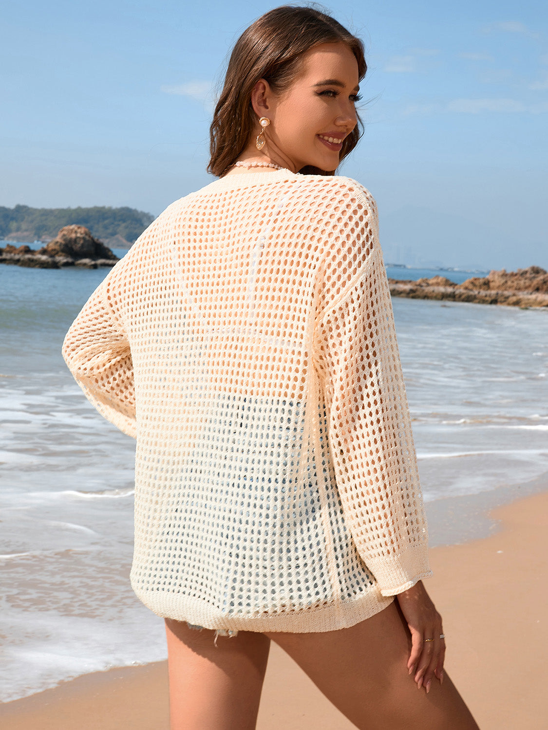 Openwork Dropped Shoulder Long Sleeve Cover-Up - AllIn Computer