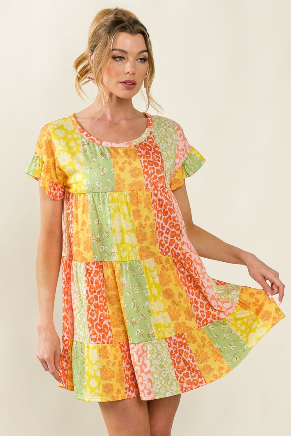 BiBi Leopard Short Sleeve Tiered Dress - AllIn Computer