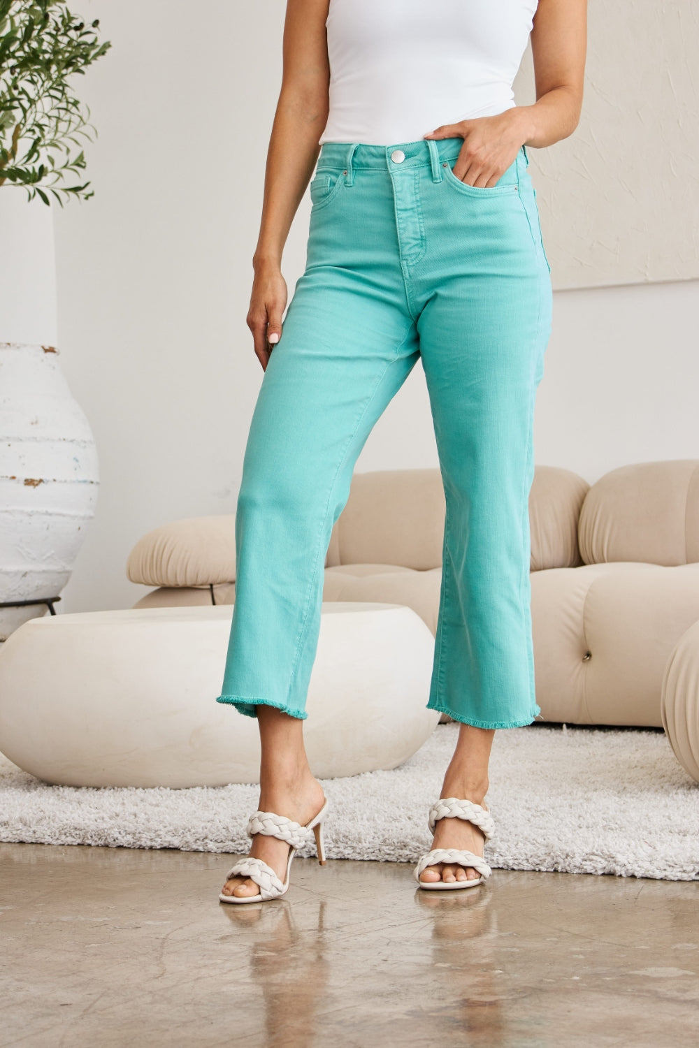 RFM Crop Chloe Full Size Tummy Control High Waist Raw Hem Jeans - AllIn Computer