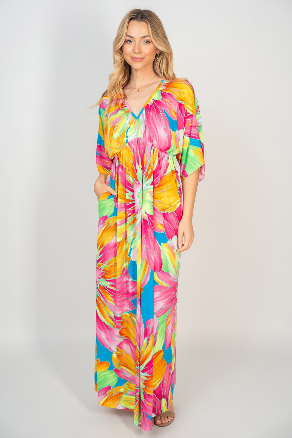 White Birch Printed V-Neck Maxi Dress with Pockets - AllIn Computer