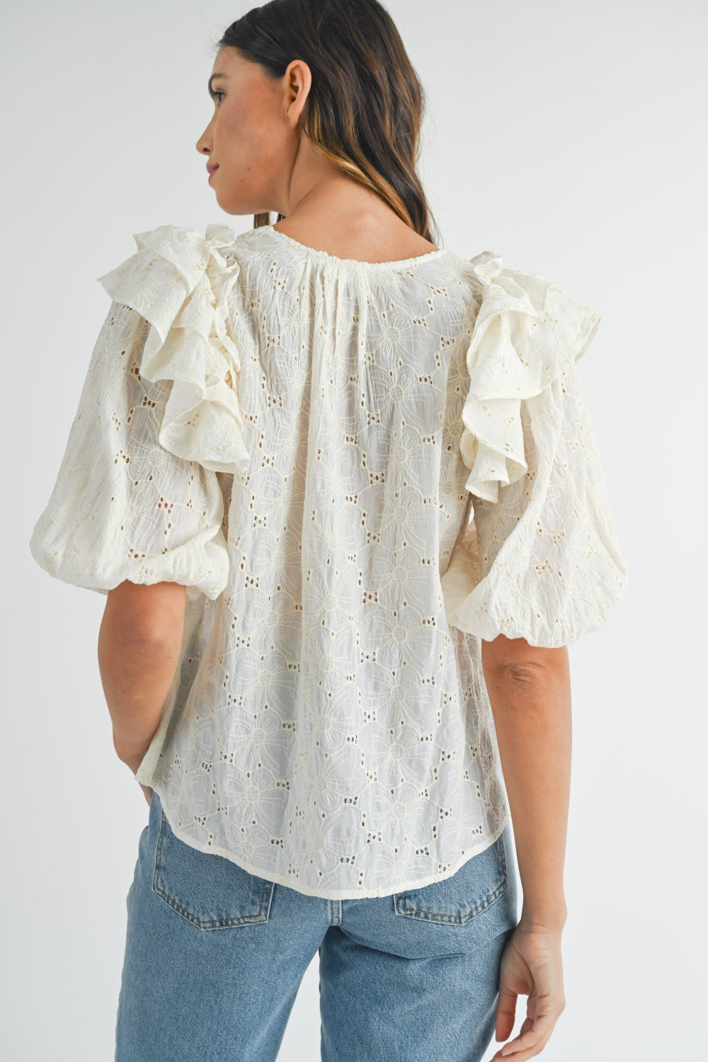 MABLE Eyelet Lace Ruffle Shoulder Puff Sleeve Blouse - AllIn Computer