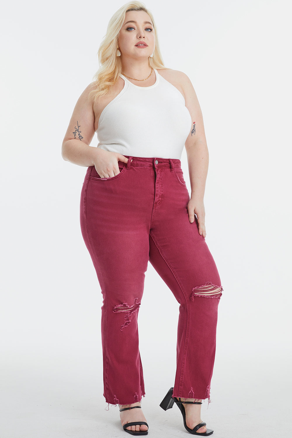 BAYEAS Full Size High Waist Distressed Raw Hem Flare Jeans - AllIn Computer