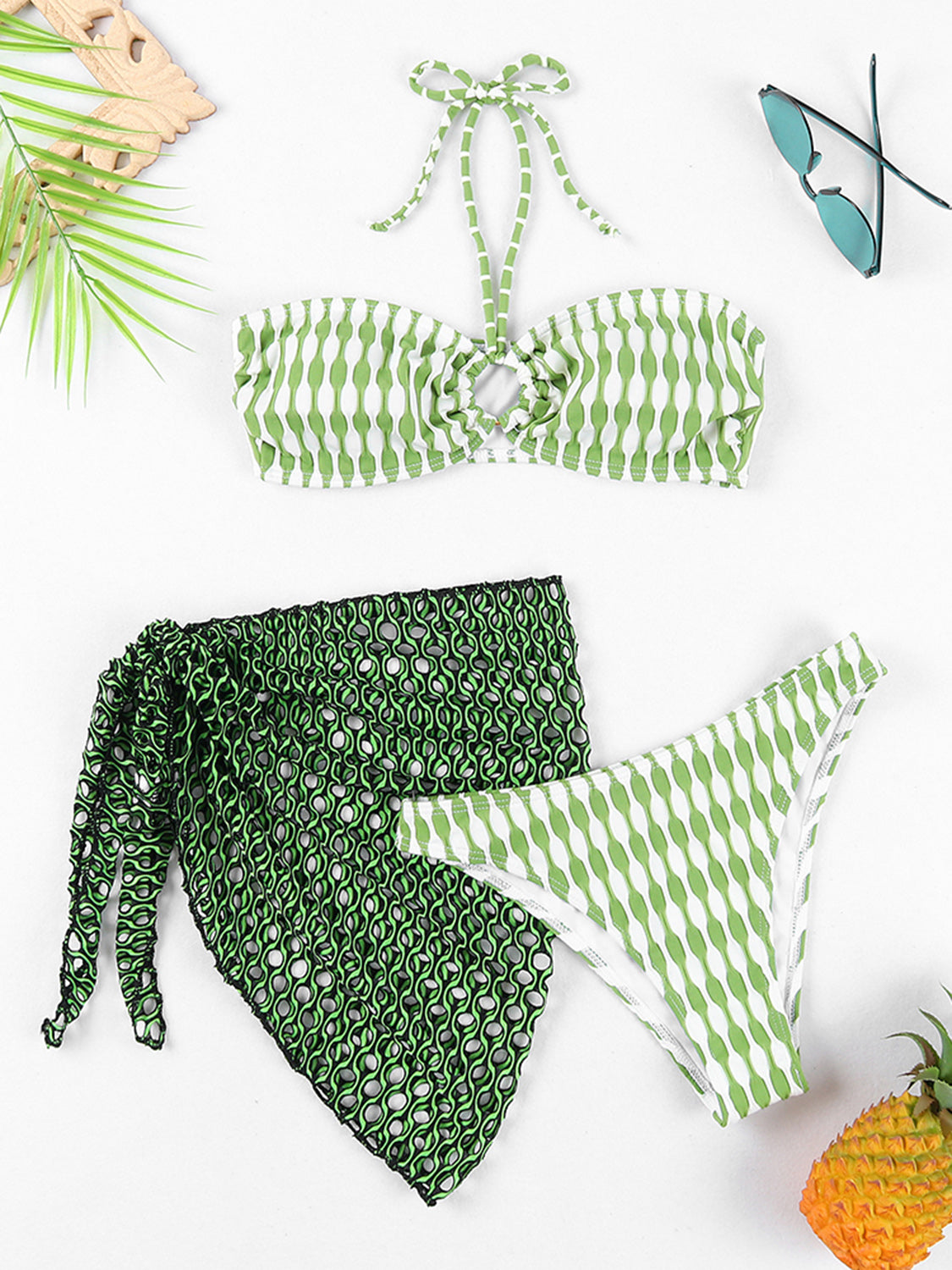Geometric Halter Neck Three-Piece Swim Set - AllIn Computer