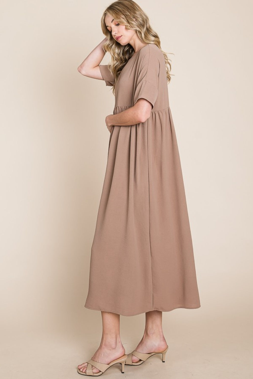 BOMBOM Round Neck Ruched Midi Dress - AllIn Computer