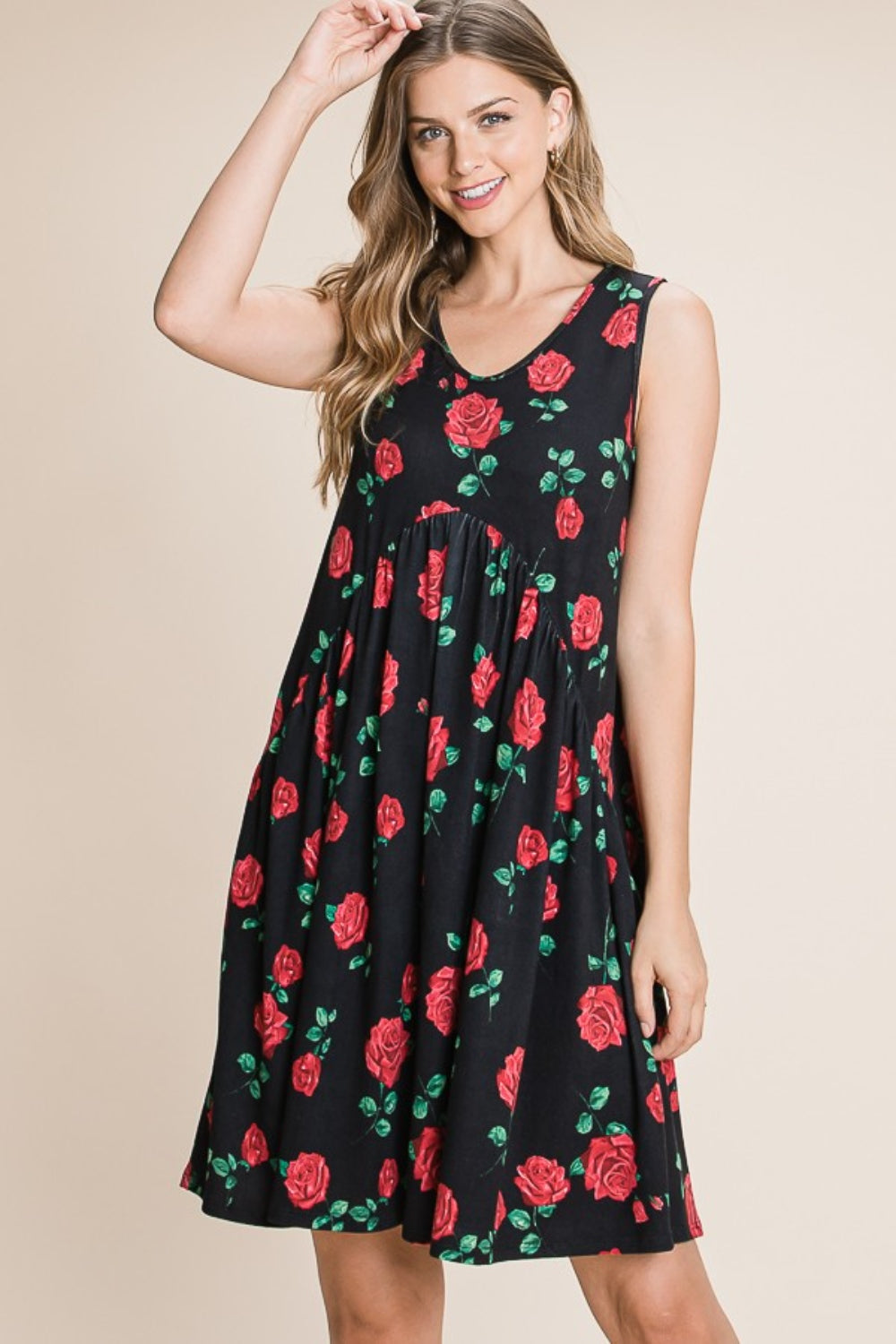 BOMBOM Floral Ruched Tank Dress - AllIn Computer
