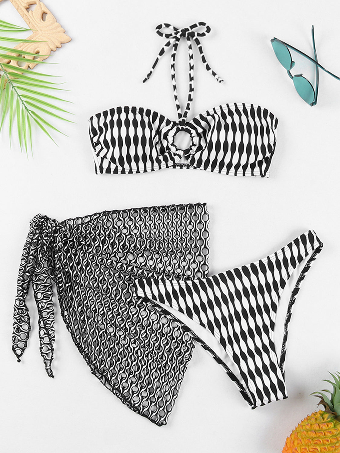 Geometric Halter Neck Three-Piece Swim Set - AllIn Computer