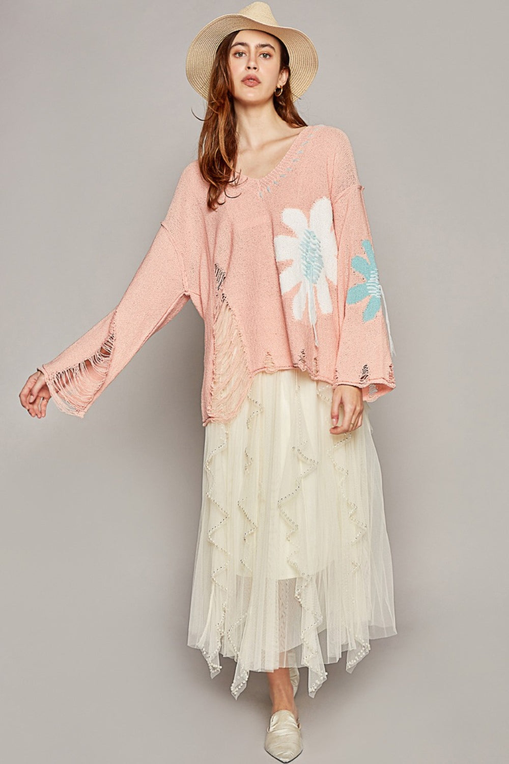 POL Distressed Flower V-Neck Dropped Shoulder Knit Top - AllIn Computer