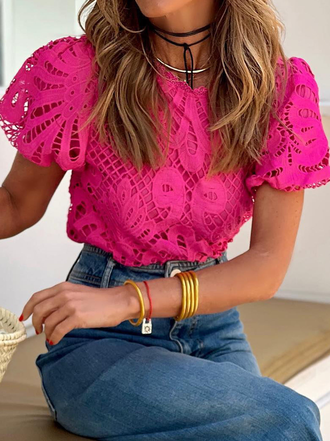 Cutout Round Neck Short Sleeve Blouse - AllIn Computer