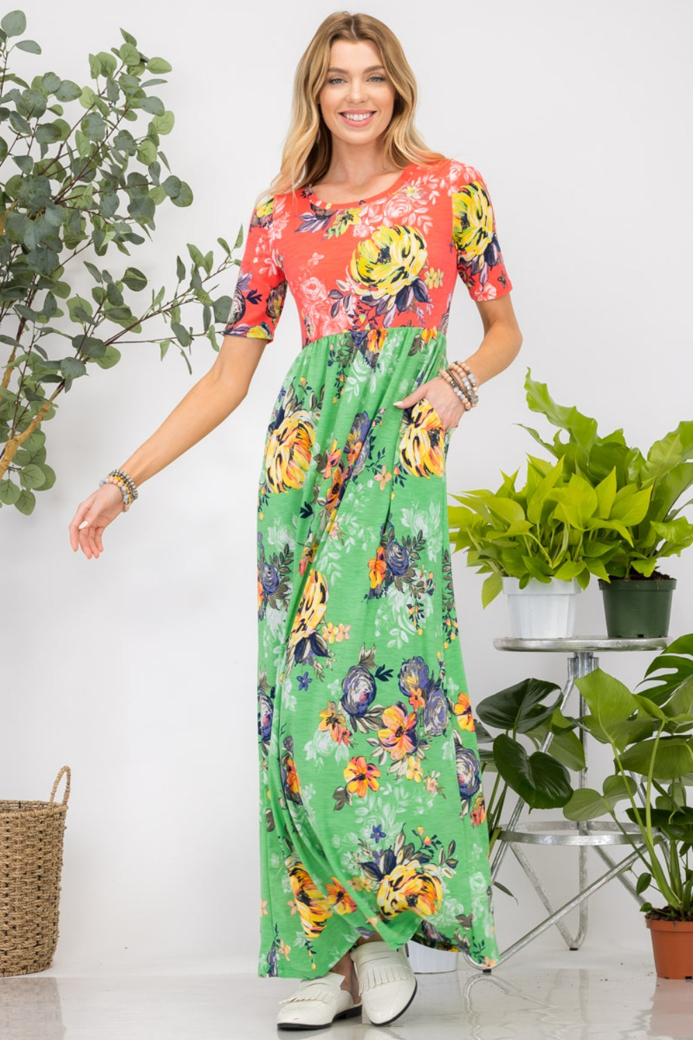 Celeste Full Size Printed Round Neck Short Sleeve Maxi Dress - AllIn Computer