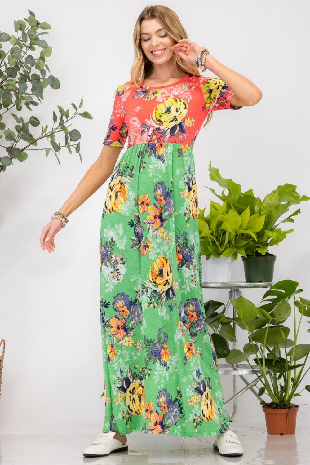 Celeste Full Size Printed Round Neck Short Sleeve Maxi Dress - AllIn Computer