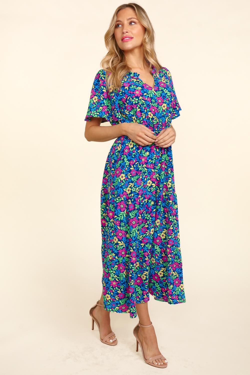 Haptics Printed Notched Short Sleeve Dress with Pockets - AllIn Computer