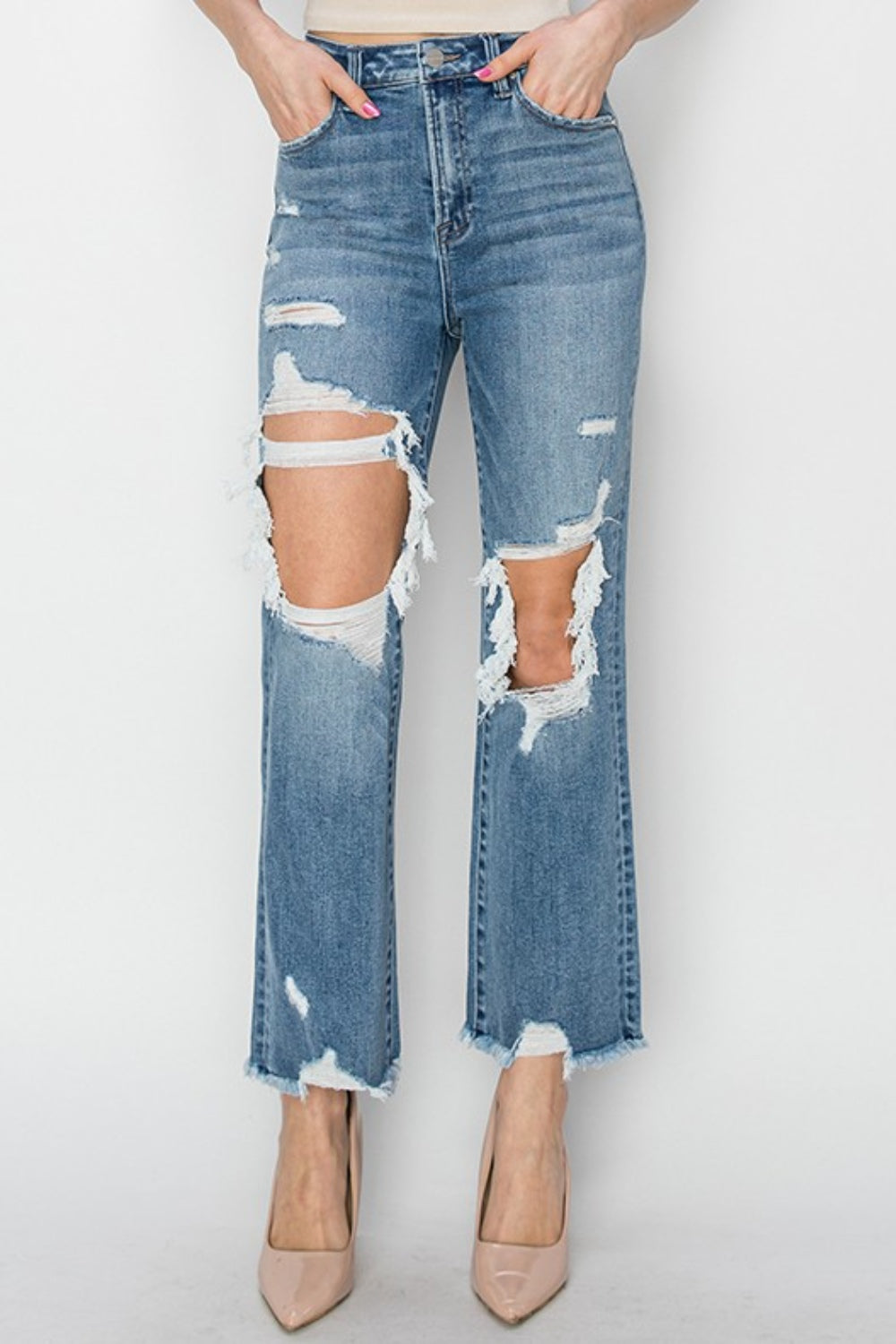 RISEN High Rise Distressed Crop Straight Jeans - AllIn Computer