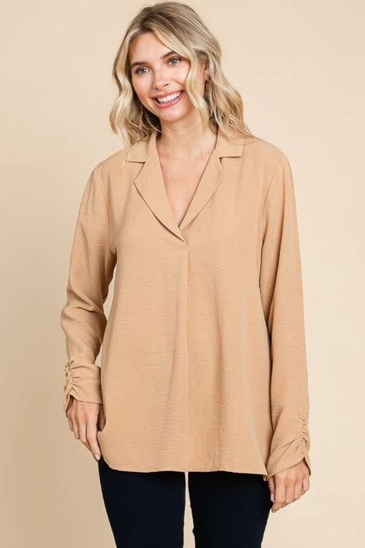 Culture Code Full Size Lapel Collar Ruched Long Sleeve Blouse | CLOTHING,SHOES & ACCESSORIES | Culture Code, lapel collar, plus size, rouched top, Ship from USA, top | Trendsi
