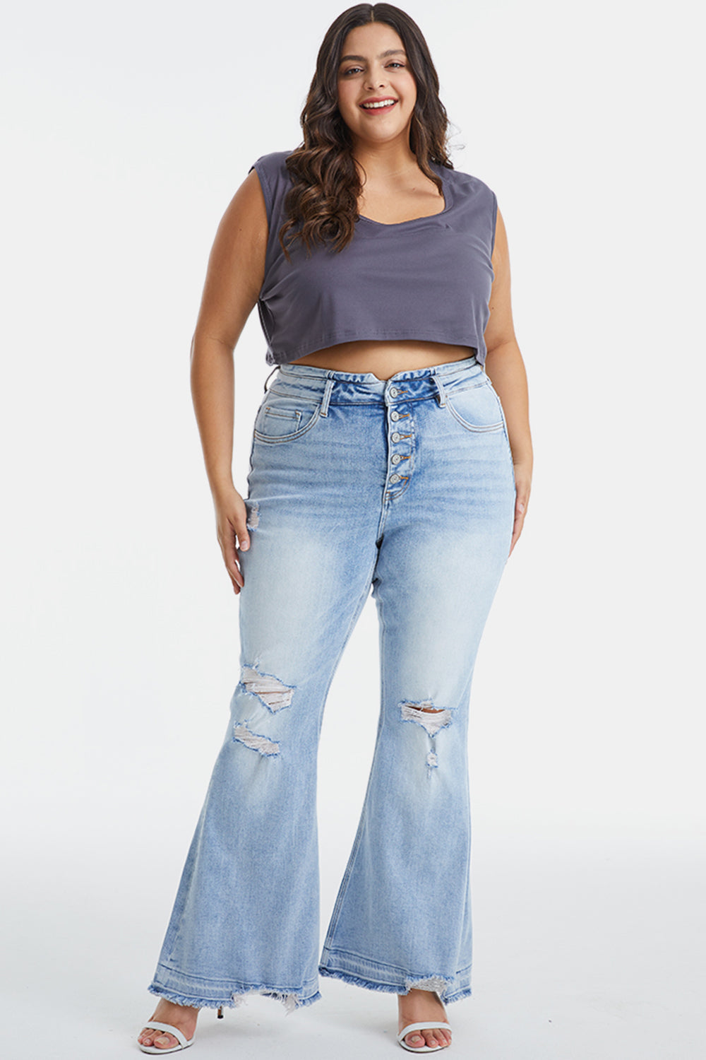 BAYEAS Full Size Distressed Raw Hem High Waist Flare Jeans - AllIn Computer