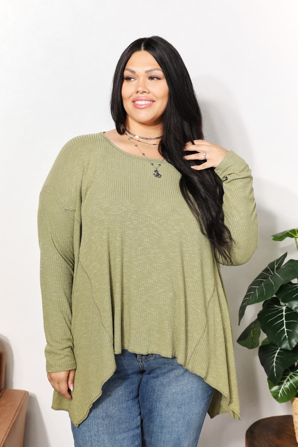 HEYSON Full Size Oversized Super Soft Rib Layering Top with a Sharkbite Hem and Round Neck - AllIn Computer