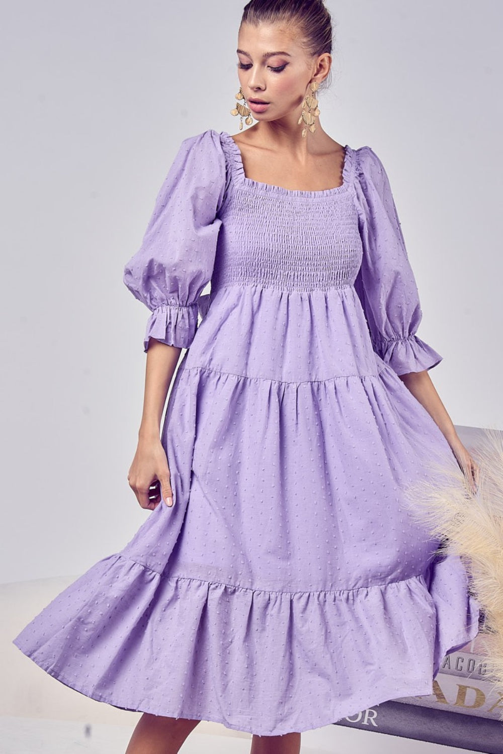 BiBi Swiss Dot Flounce Sleeve Smocked Tiered Midi Dress - AllIn Computer