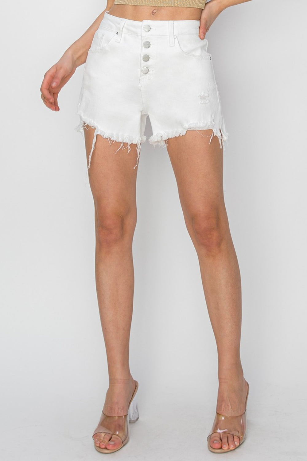 RISEN Button Fly Frayed Hem Denim Shorts - AllIn Computer