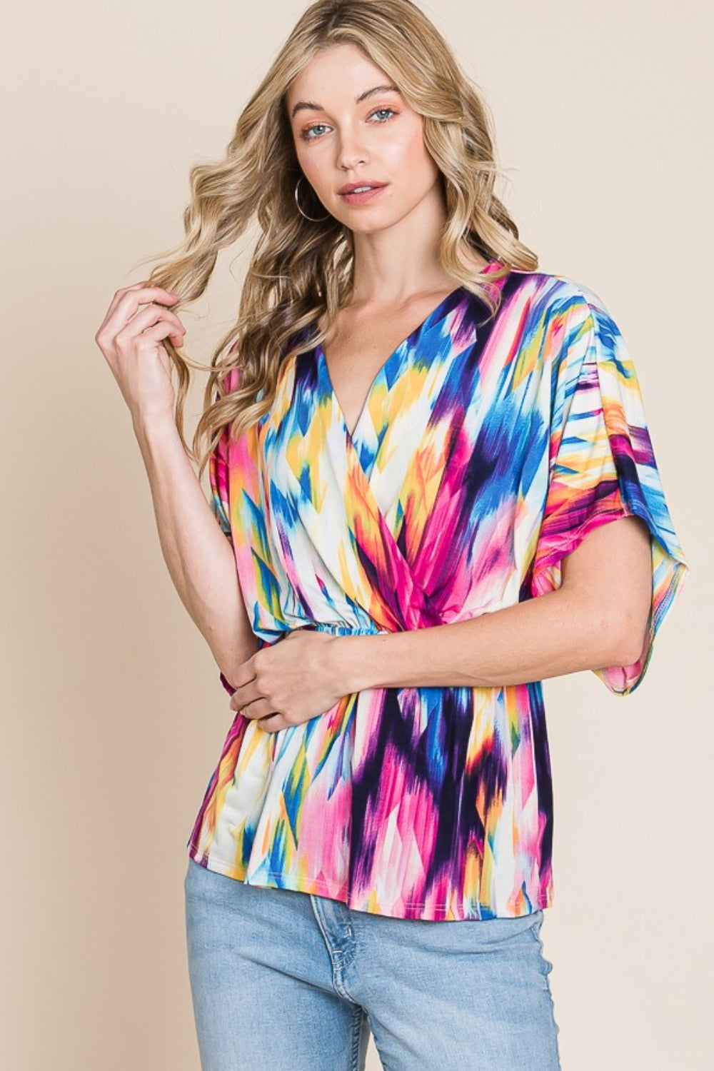 BOMBOM Printed Surplice Peplum Blouse - AllIn Computer