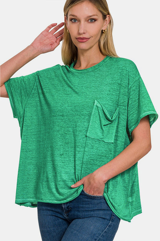 Zenana Pocketed Round Neck Dropped Shoulder T-Shirt - AllIn Computer
