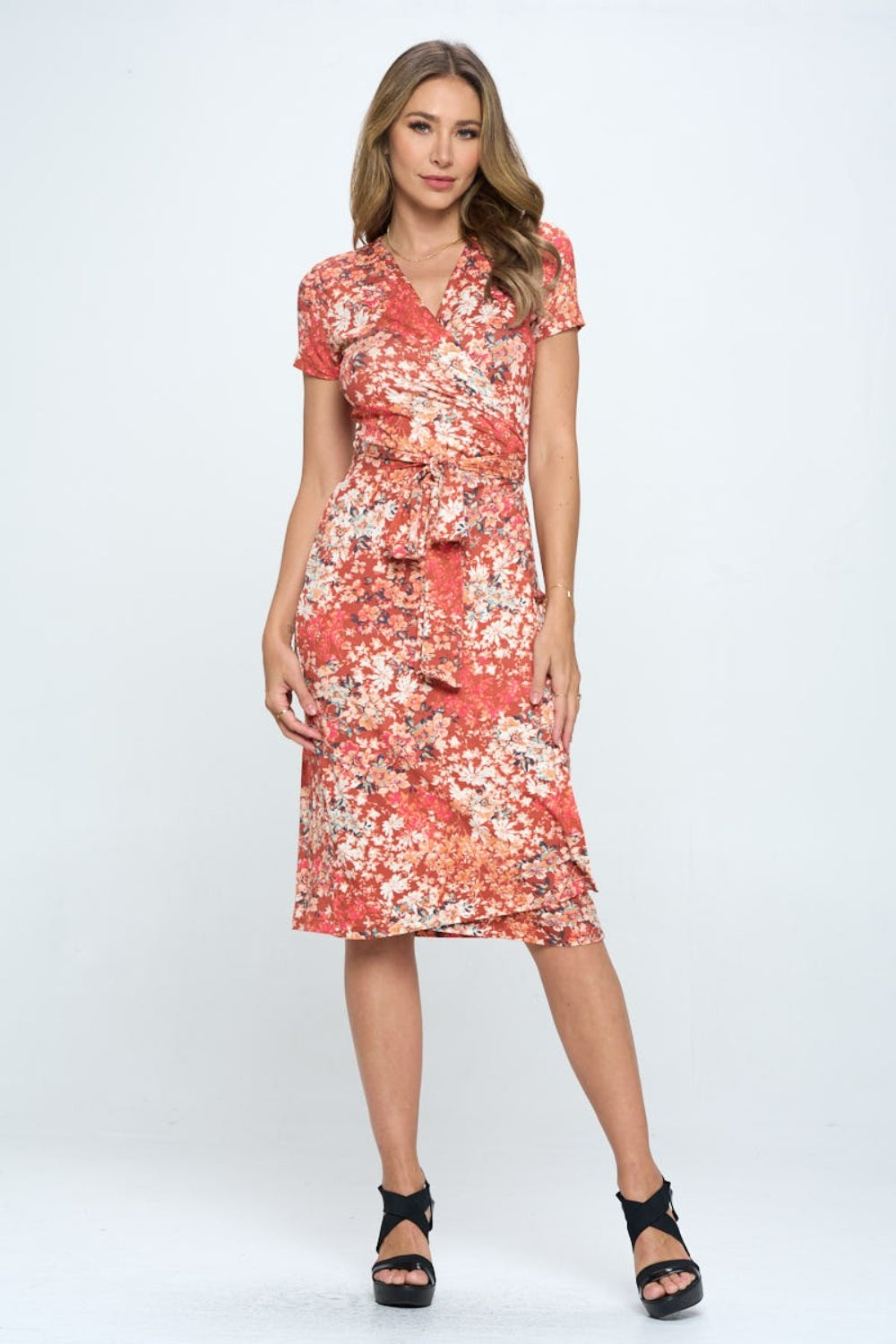RENEE C Floral Tie Front Surplice Short Sleeve Dress - AllIn Computer