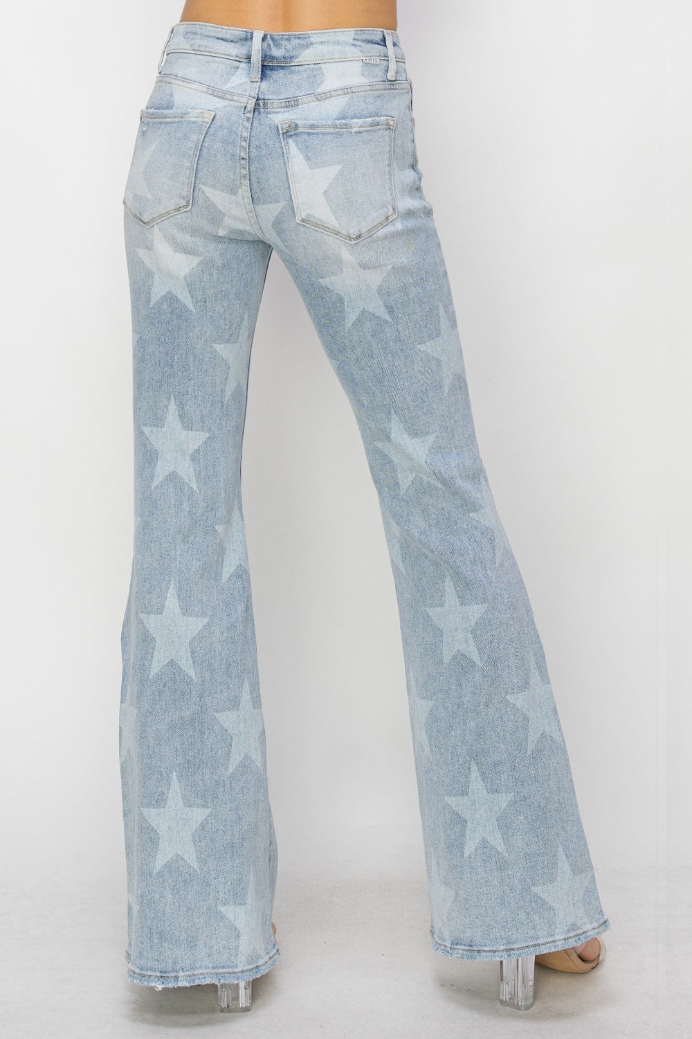 RISEN Mid-Rise Button Fly Star Print Flare Jeans - AllIn Computer