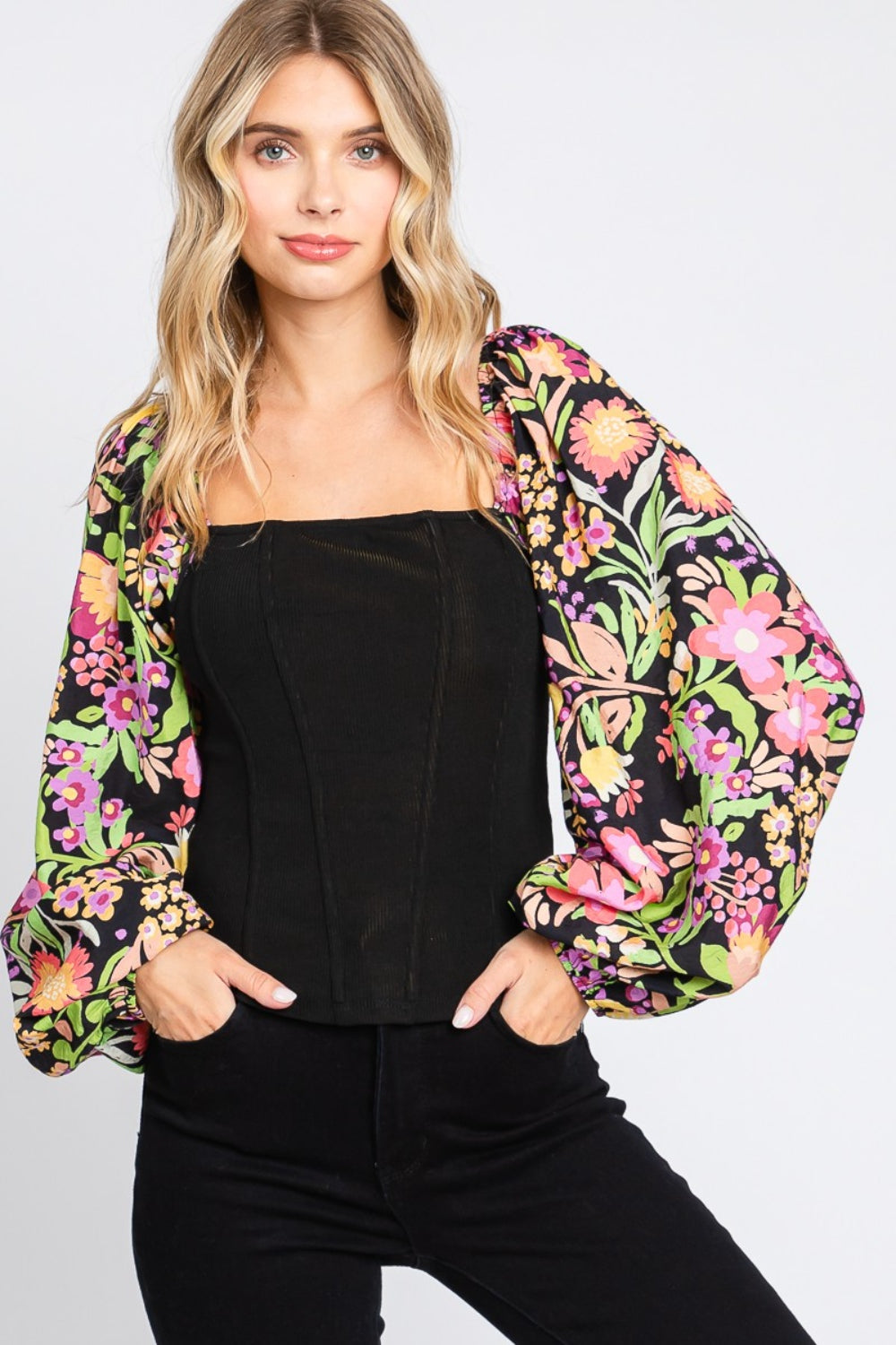 ODDI Full Size Floral Balloon Sleeve Blouse - AllIn Computer