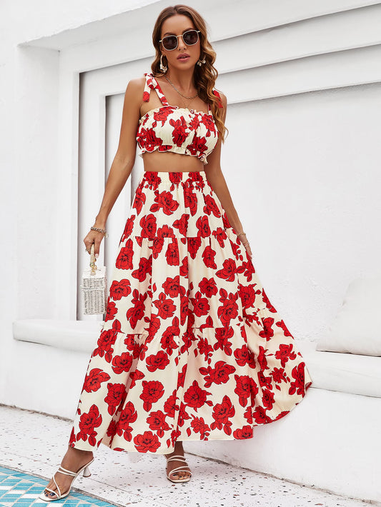 Floral Tie Shoulder Top and Tiered Maxi Skirt Set - AllIn Computer