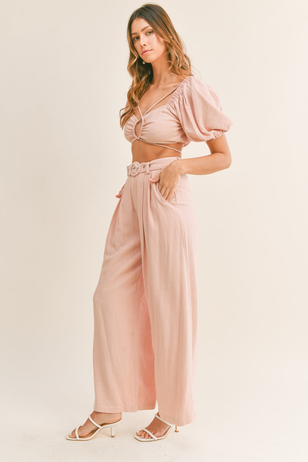 MABLE Cut Out Drawstring Crop Top and Belted Pants Set - AllIn Computer