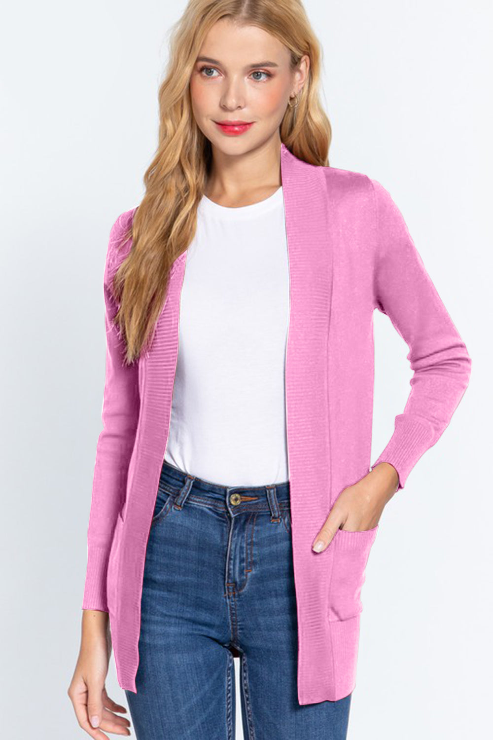 ACTIVE BASIC Ribbed Trim Open Front Cardigan - AllIn Computer