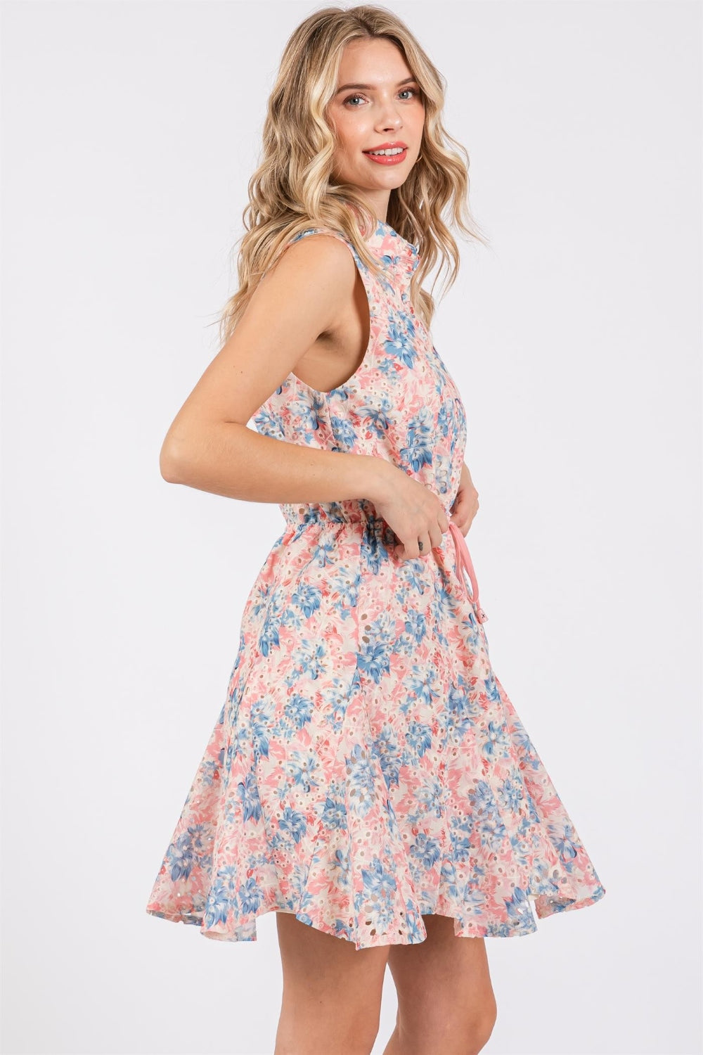 GeeGee Full Size Floral Eyelet Sleeveless Mini Dress - AllIn Computer