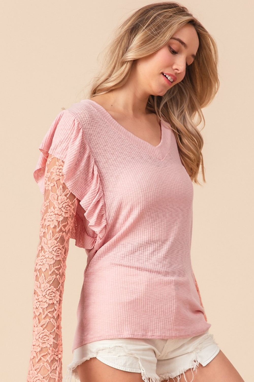 BiBi Ruffled Lace Sleeve Rib Knit Top - AllIn Computer